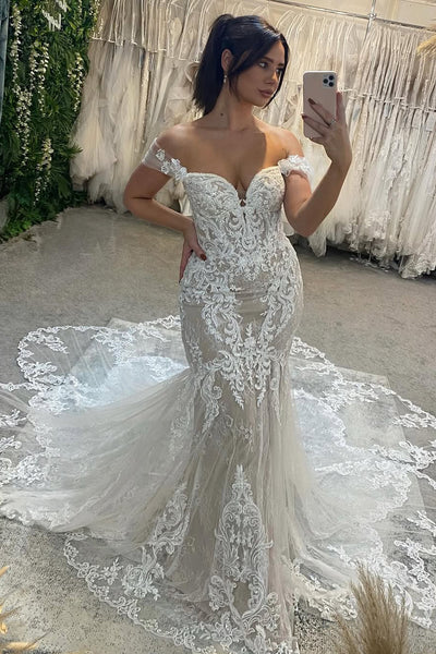 Elegant Mermaid Off the Shoulder Lace Wedding Dresses with Train AB25050201