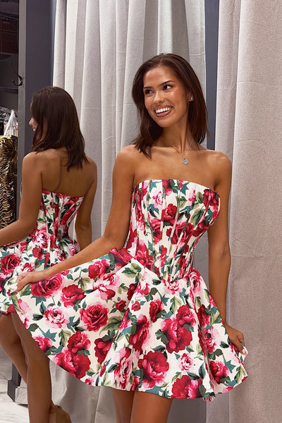 A Line Strapless Floral Satin Short Homecoming Dress AB26062403