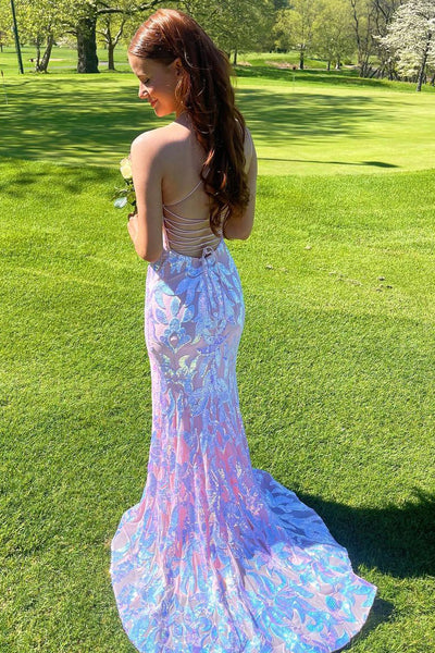 Cute Mermaid One Shoulder Lavender Sequins Lace Prom Dresses with Slit AB070705