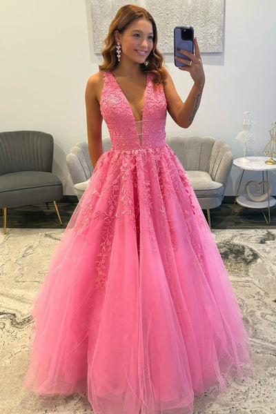 Charming A Line V Neck Pink Tulle Prom Dress with Appliques AB25112701