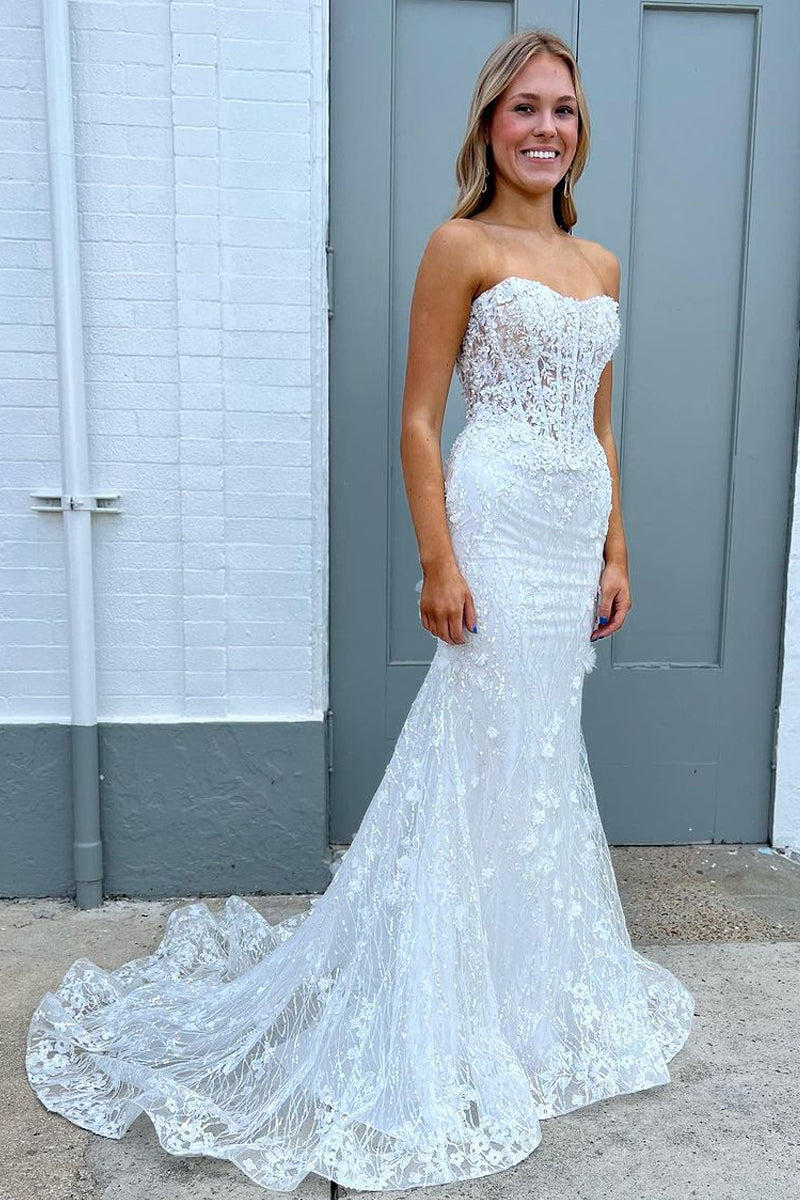 Charming Sparkly Mermaid Sweetheart White Sequins Long Prom Dresses AB101405