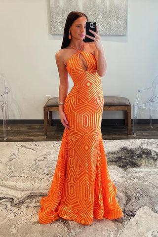 Orange Halter Keyhole Sequins Mermaid Long Prom Dress AB4022603
