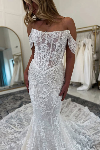 Bohemian Mermaid Scoop Neck Lace Beach Wedding Dress with Beading AB26011710