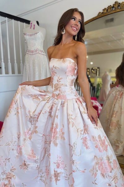 Ball Gown Strapless Jacquard Satin Prom Dress AB26102505