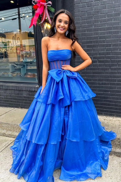Cute Ball Gown Strapless Royal Blue Organza Prom Dress with Bow AB25010202