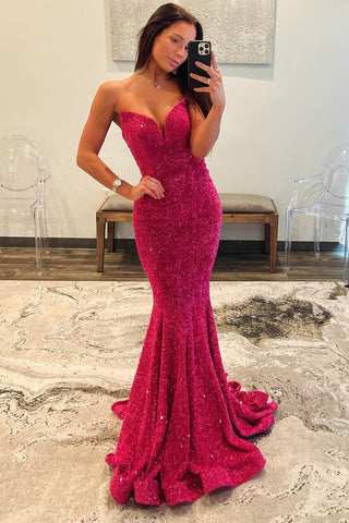 Fuchsia Strapless Sequins Mermaid Long Prom Dress AB4021904