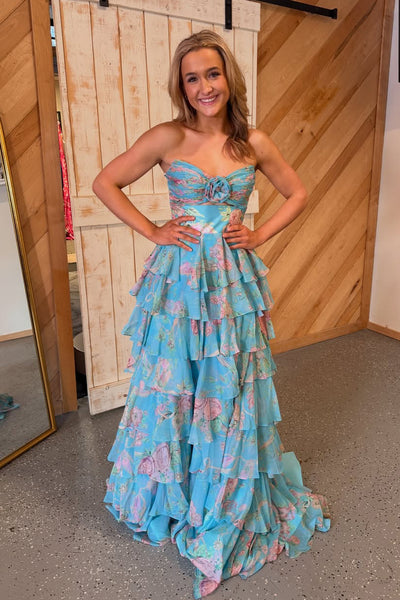 Cute A Line Sweetheart Floral Chiffon Tiered Prom Dress AB26020603