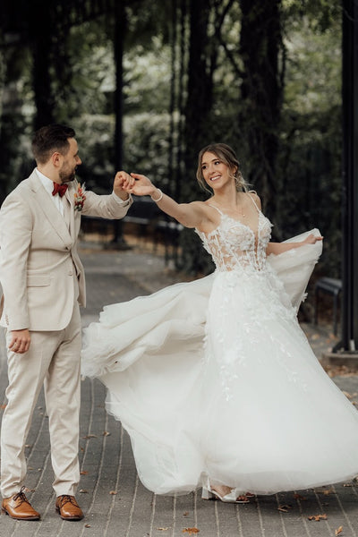 Fairy A Line V Neck Tulle Wedding Dress with Appliques AB26060102
