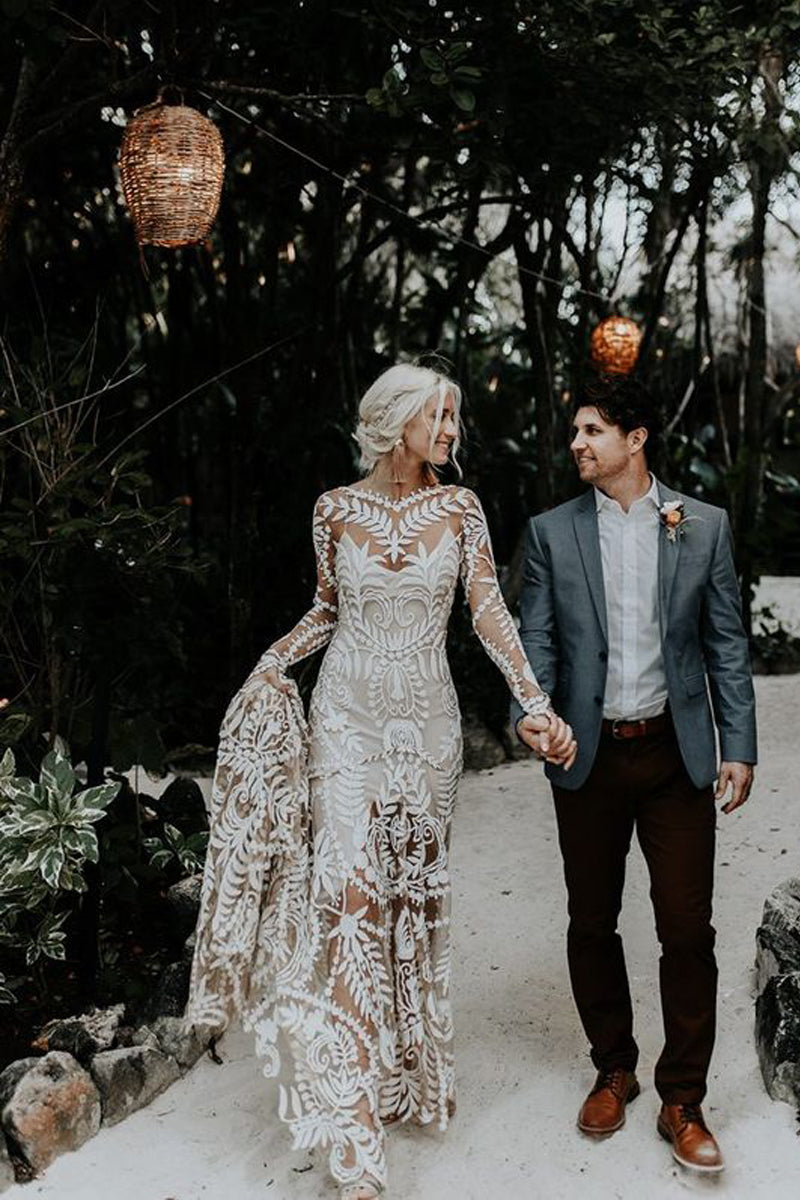 Bohemian Mermaid Scoop Neck Long Sleeves Lace Beach Wedding Dress AB081204