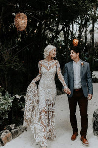 Bohemian Mermaid Scoop Neck Long Sleeves Lace Beach Wedding Dress AB081204