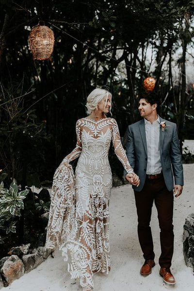 Bohemian Mermaid Scoop Neck Long Sleeves Lace Beach Wedding Dress AB081204