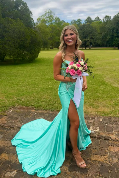 Sweet Mermaid Strapless Mint Satin Prom Dress with Hot-Fix Rhinestone AB26040510
