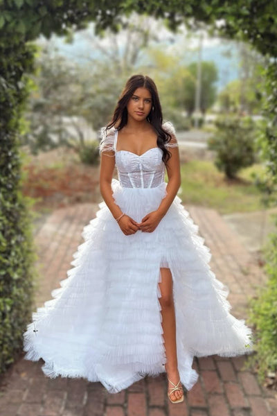 A-Line Sweetheart White Ruffle Tiered Tulle Long Prom Dress Homecoming Dresses with Slit AB25091708