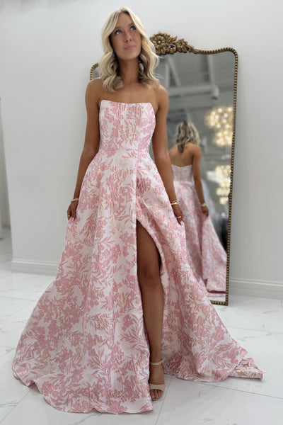 Charming A-Line Strapless Floral Jacquard Satin Prom Dress with Slit AB26020903