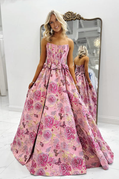 Cute Ball Gown Strapless Jacquard Satin Prom Dress with Bow AB26020907