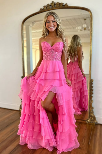 Cute A Line Sweetheart Blue Chiffon Tiered Prom Dress with Slit AB25013107