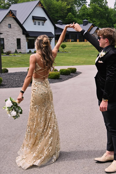 Sparkly Mermaid V Neck Gold Sequins Lace Prom Dress AB26052407