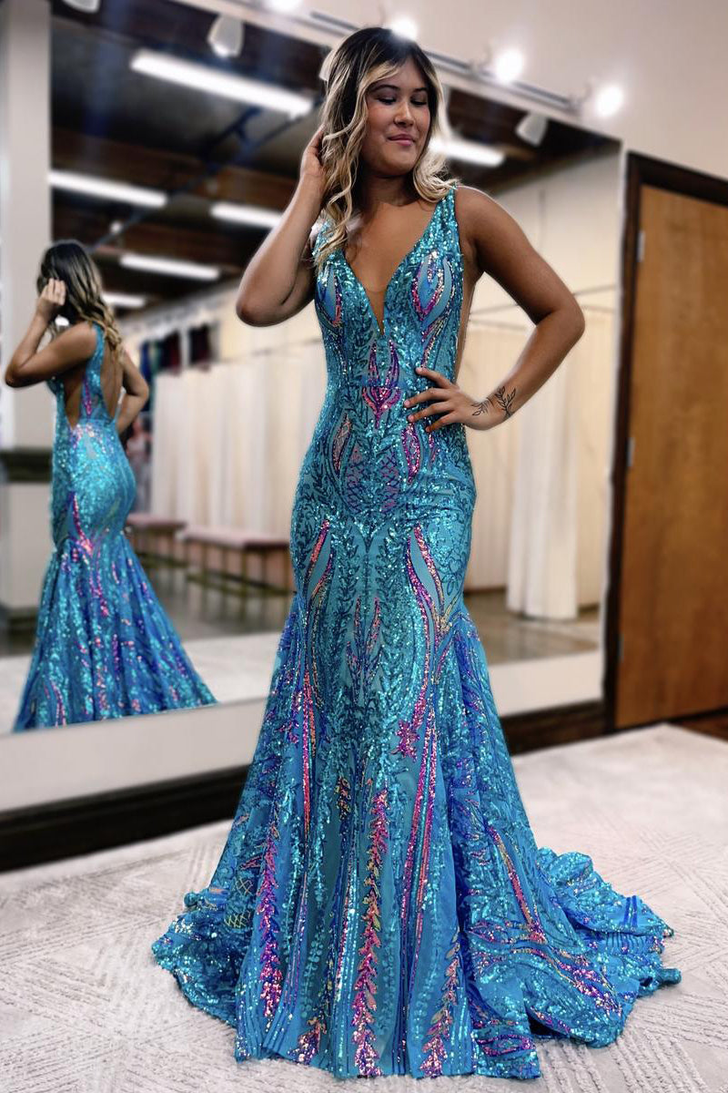 Gorgeous Mermaid V Neck Green Sequins Long Prom Dresses AB100203 – Anniebride
