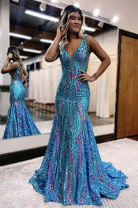 Gorgeous Mermaid V Neck Green Sequins Long Prom Dresses AB100203