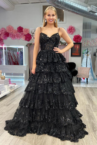 Fashion A Line V Neck Black Tulle Long Prom Dresses with Sequins Appliques AB080101