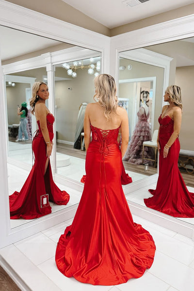 Cute Mermaid V Neck Red Satin Long Prom Dress with Beading AB25021704