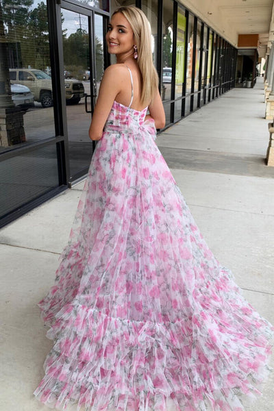 Fairy A Line Sweetheart Floral Print Tulle Long Prom Dresses AB121305