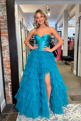 Princess Sweetheart Blue Tiered Tulle Long Prom Dresses AB4022903