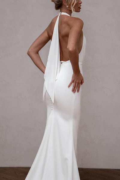 Elegant Mermaid Deep V Neck Elastic Satin Long Wedding Dress AB4060802