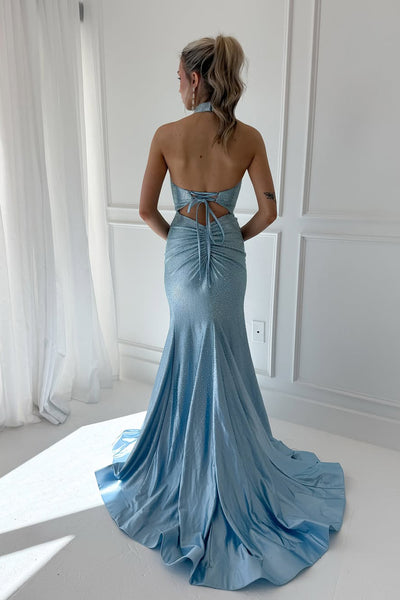 Sparkly Mermaid Round Neck Light Blue Prom Dress with Rhinestones AB25110207