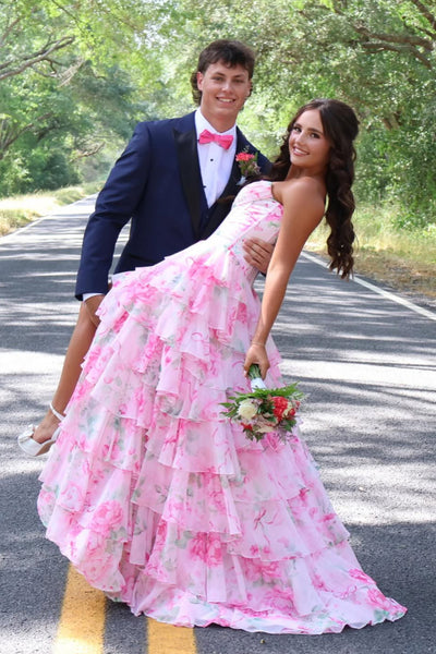 Cute A Line Sweetheart Pink Floral Chiffon Prom Dress with Slit AB26042109
