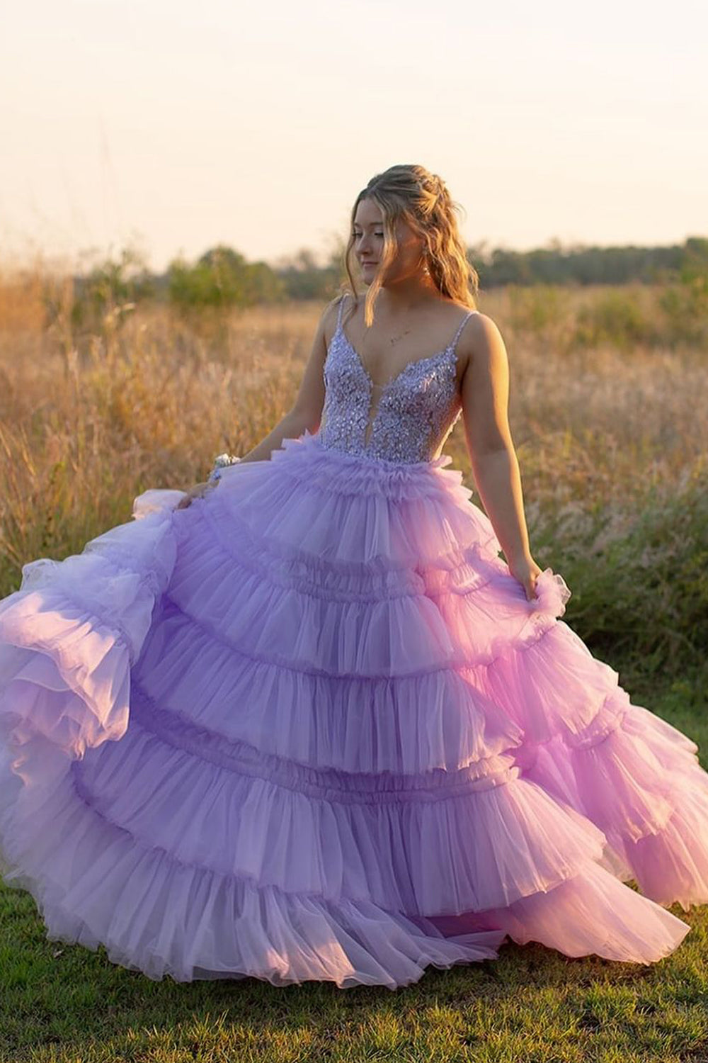 Cute A Line V Neck Light Purple Tiered Tulle Long Prom Dresses AB24102606 Anniebride Cute A Line V Neck Light Purple Tiered Tulle Long Prom Dresses AB24102606 Anniebride
