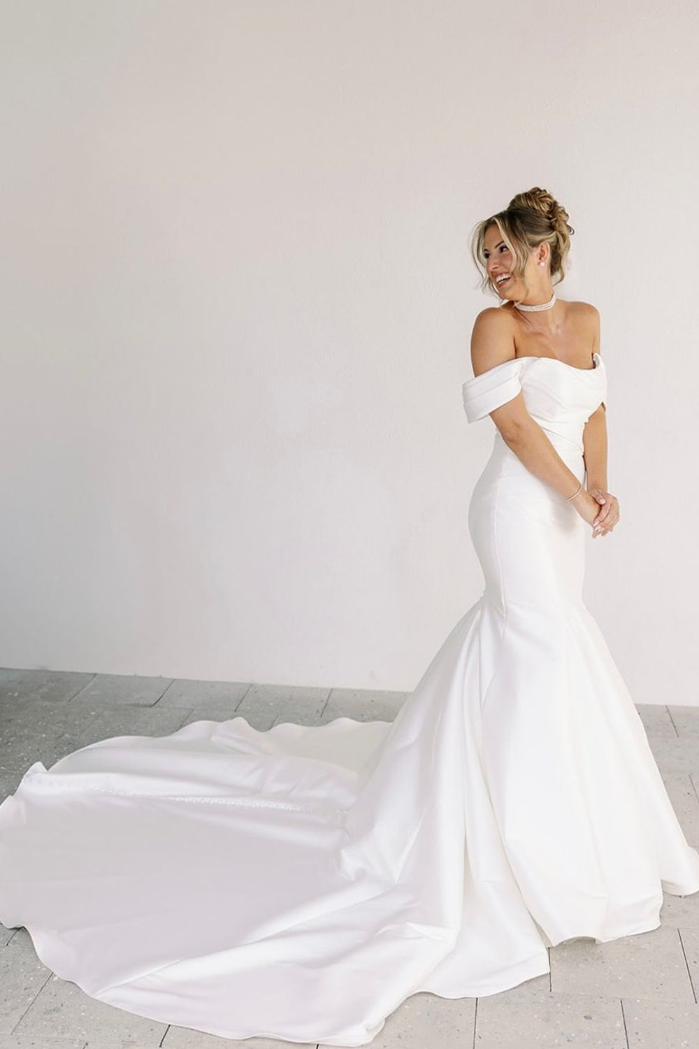 off shoulder satin mermaid wedding dress Satin Mermaid Off-the-Shoulder Wedding Dresses With Lace Appliques, MW872