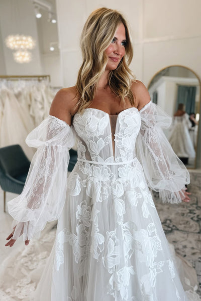 Fairy A Line Long Sleeves White Tulle Wedding Dress with Appliques AB25071101