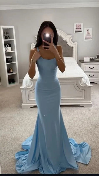 Mermaid Scoop Neck Light Blue Satin Prom Dress AB26101901