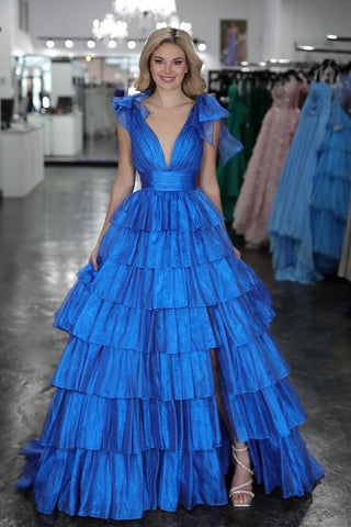 A Line V Neck Royal Blue Tiered Satin Long Prom Dresses AB4021204