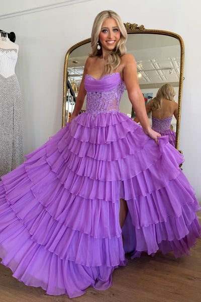 Stunning A Line Sweetheart Purple Chiffon Tiered Prom Dress with Slit AB26032602