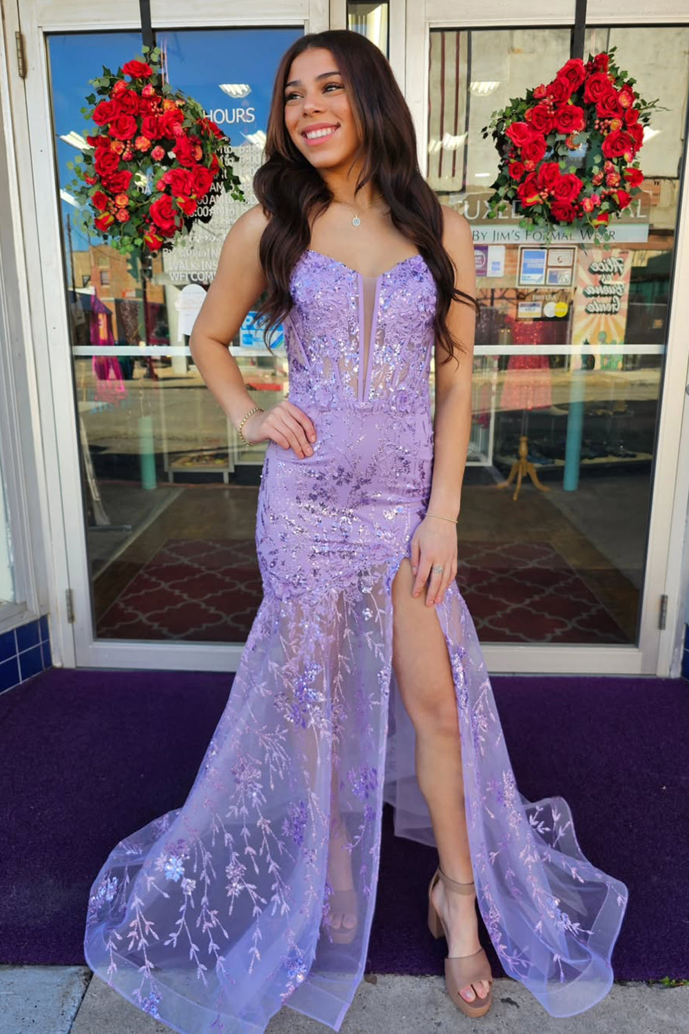 Mermaid Spaghetti Straps Lilac Sequin Lace Long Prom Dresses with Slit AB25031809