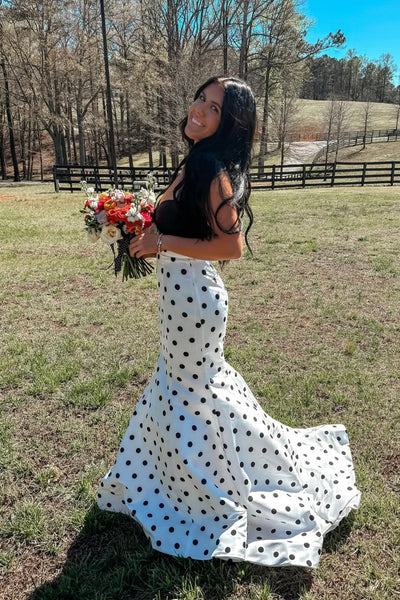 Mermaid Sweetheart White Black Dot Satin Prom Dress AB26040517