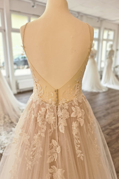 Bohemian A Line V Neck Tulle Long Wedding Dress with Appliques AB26072412