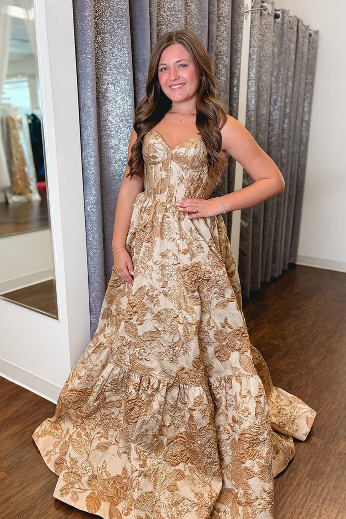 Gorgeous Ball Gown Strapless Gold Jacquard Satin Long Prom Dress AB25010203 Gorgeous Ball Gown Strapless Gold Jacquard Satin Long Prom Dress AB25010203