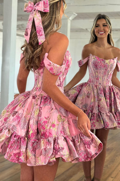 A Line Off the Shoulder Pink Jacquard Satin Short Homecoming Dress AB26060901