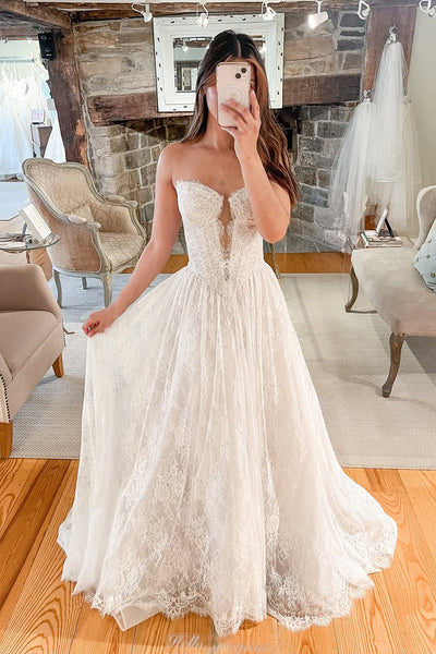 Bohemian A Line Sweetheart Lace Wedding Dresses AB25050701