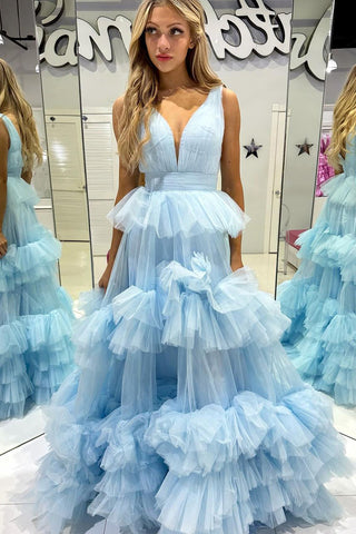 A Line V Neck Light Blue Tiered Tulle Long Prom Dresses AB4021203