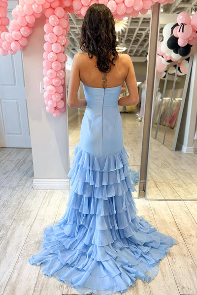 Cute Sheath Strapless Light Blue Chiffon Tiered Prom Dress AB26032210