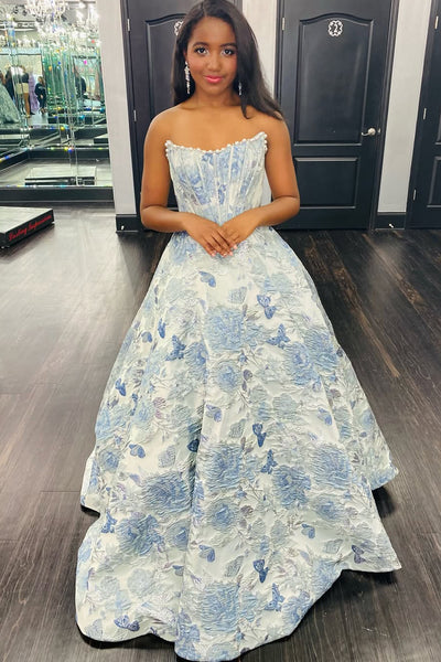 Cute A Line Scoop Neck Grey Light Blue Floral Satin Prom Dress AB26032205