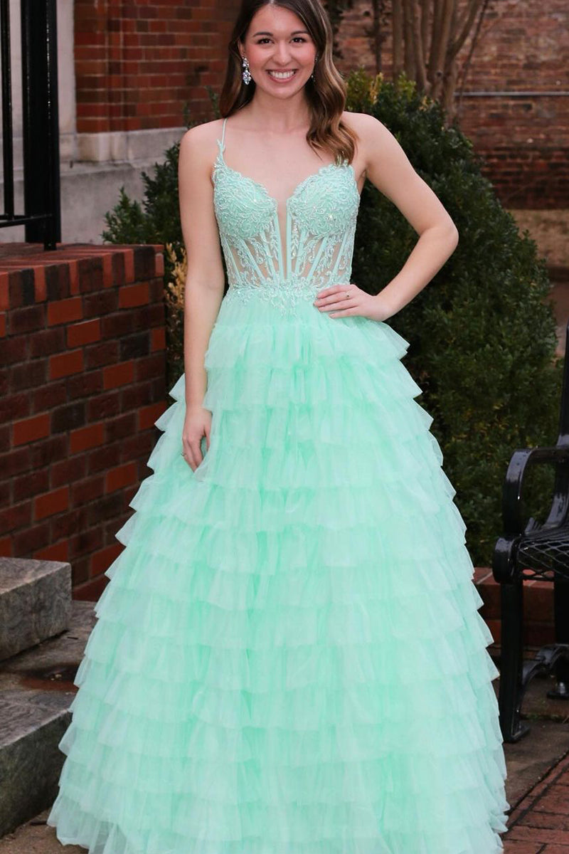 Cute A Line V Neck Mint Tulle Tiered Prom Dress AB120405