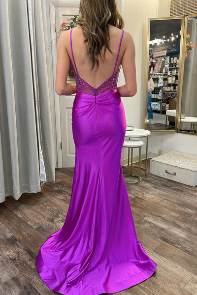 Charming Mermaid Sweetheart Purple Satin Long Prom Dresses with Beading AB121307