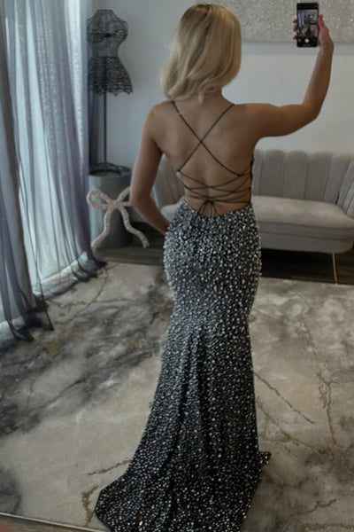 Gorgeous Mermaid V Neck Black Beading Prom Dress AB26012404