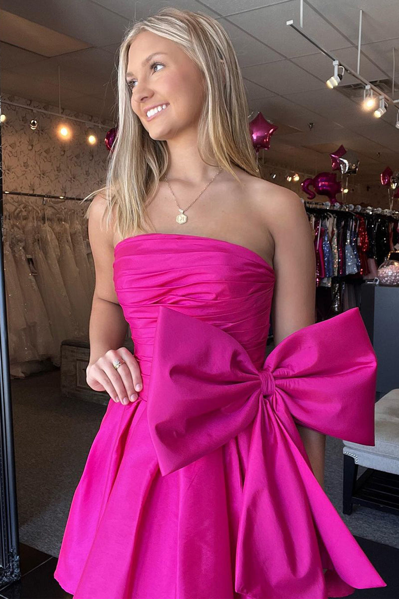 homecoming women's hot pink short strapless dress Cute A Line Satin Dresses with Bow AB082505 – Anniebride Collection:Kerisden Melania Trump and Queen line silhouette features a Color:MATCHA