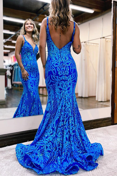 Gorgeous Mermaid V Neck Royal Blue Sequins Long Prom Dresses AB100701